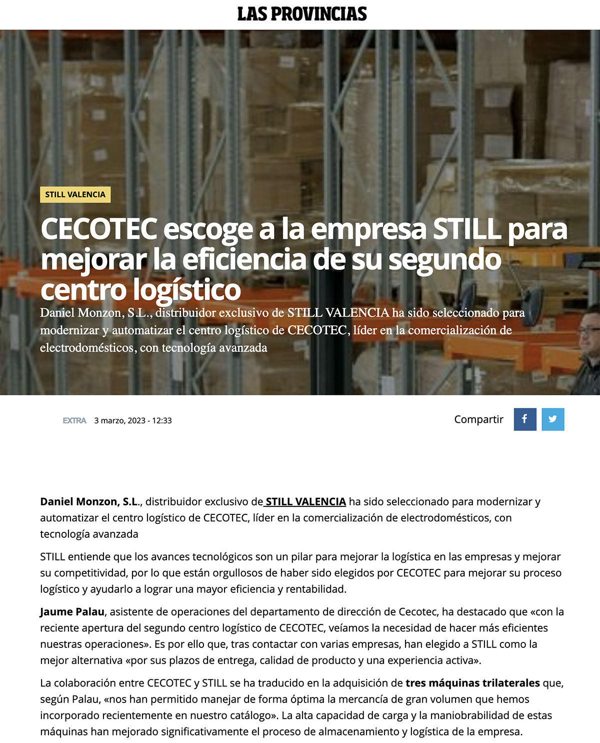 Las Provincias - Cecotec confia en Still para optimizar su nuevo centro logístico